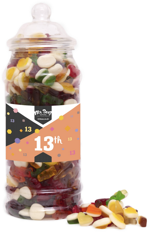 Happy 13th Birthday Sweet Gift Jar Jelly Mix Sweets Medium or Large Mr Beez