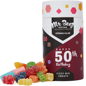 50th Birthday Fizzy Mix Sweets Premium Birthday Gifts 500g Tubes Vegan & Vegetarian-Friendly