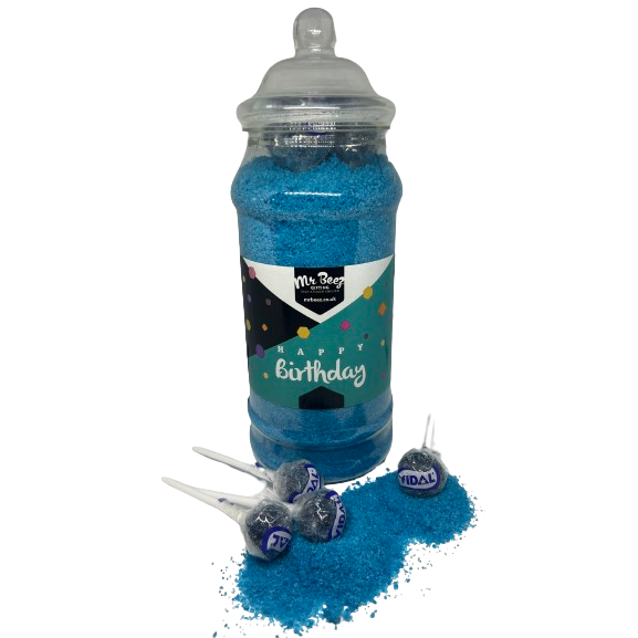 Blue Sherbet Novelty Jar Happy Birthday 750gm + 4 Tongue Painter Lollies