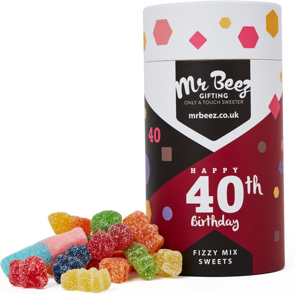 40th Birthday Fizzy Mix Sweets Premium Birthday Gifts 500g Tubes Vegan & Vegetarian-Friendly