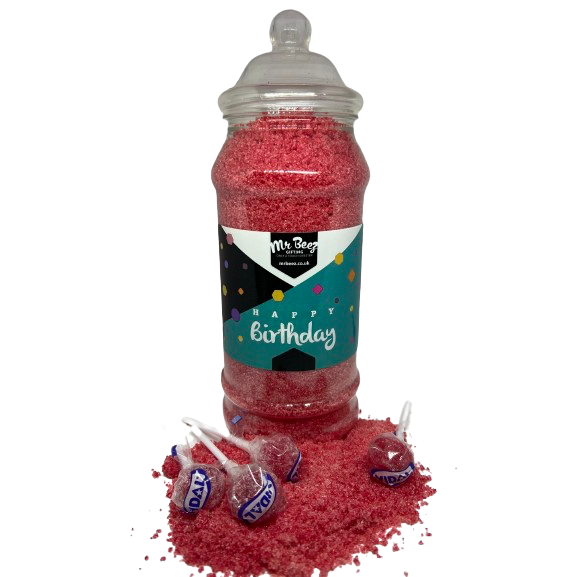 Raspberry Sherbet Novelty Jar Happy Birthday 750gm + 4 Tongue Painter Lollies