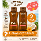 2x Hawaiian Tropic Glowing Protection Dry Oil SPF 15 100ml Tanning Oil