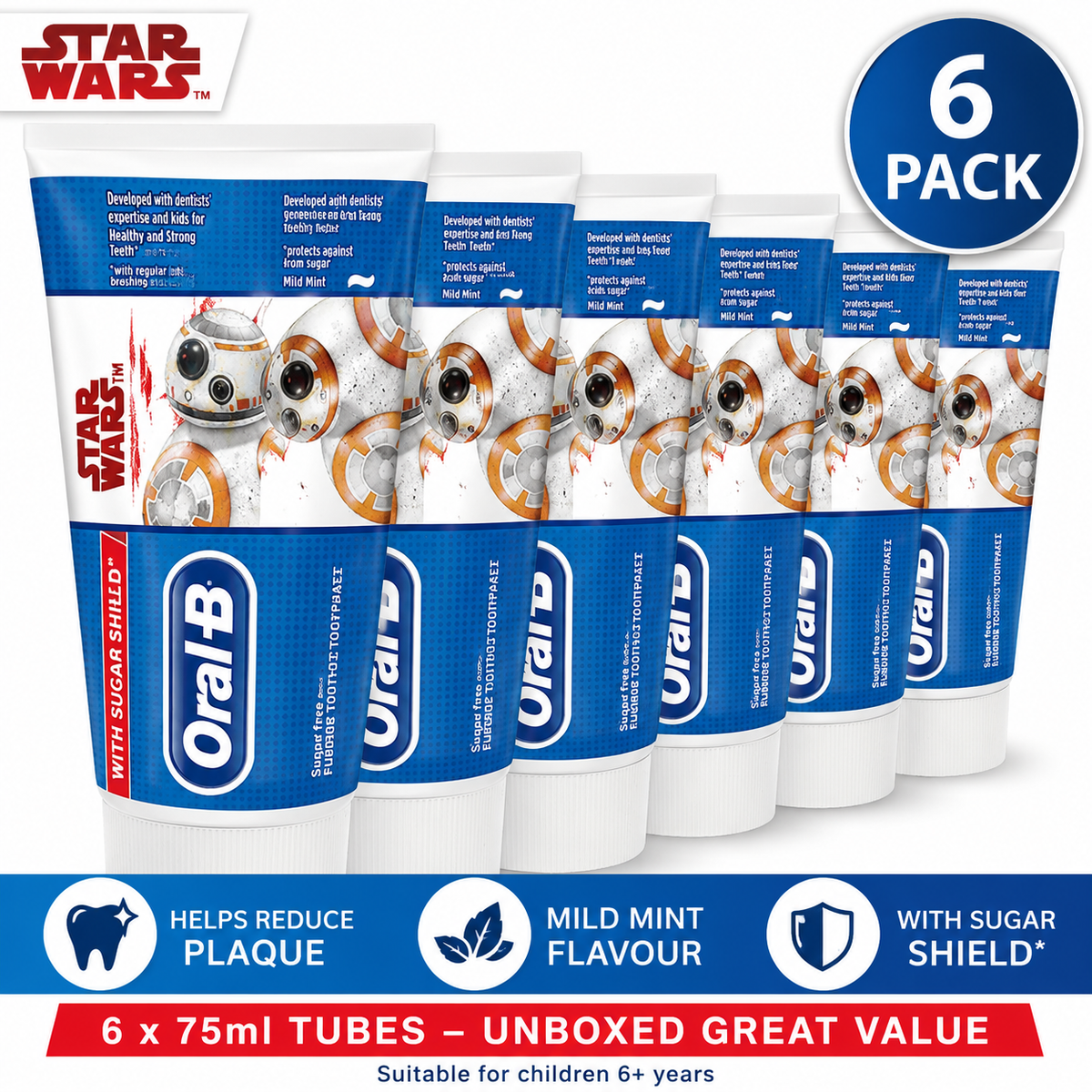 6x Oral-B Junior Toothpaste Star Wars 75ml 6+ Sugar Free Unboxed ...