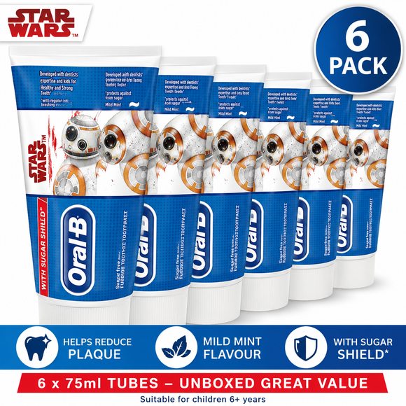 6x Oral-B Junior Toothpaste Star Wars 75ml 6+ Sugar Free Unboxed ...