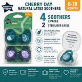 4x Tommee Tippee Cherry Natural Latex Soothers 6-18 Months 2 Steriliser Pods
