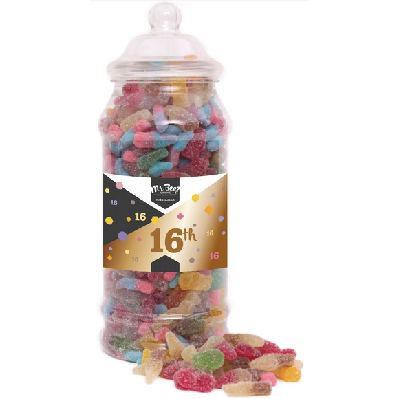 Happy 16th Birthday Sweet Gift Jar Fizzy Sweets Tangy Mix Medium or Large Mr Beez