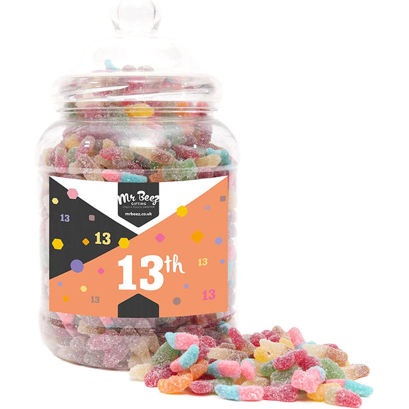 Happy 13th Birthday Sweet Gift Jar Fizzy Sweets Tangy Mix Medium or Large Mr Beez