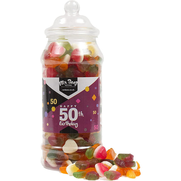 Happy 50th Birthday Sweet Gift Jar Jelly Mix Sweets Medium or Large Mr Beez