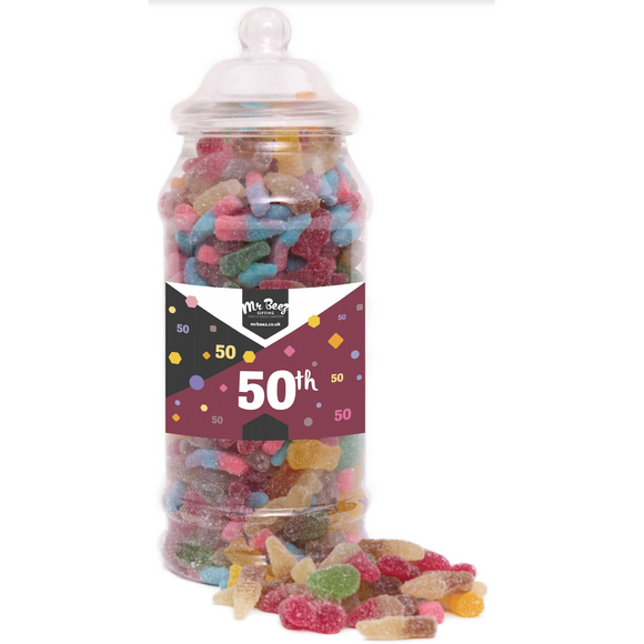 Happy 50th Birthday Sweet Gift Jar Fizzy Sweets Tangy Mix Medium or Large Mr Beez